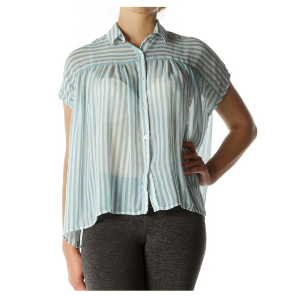 ELODIE Striped Short Sleeve Button-Front Shirt Blouse Sheer Blue White Size M/L